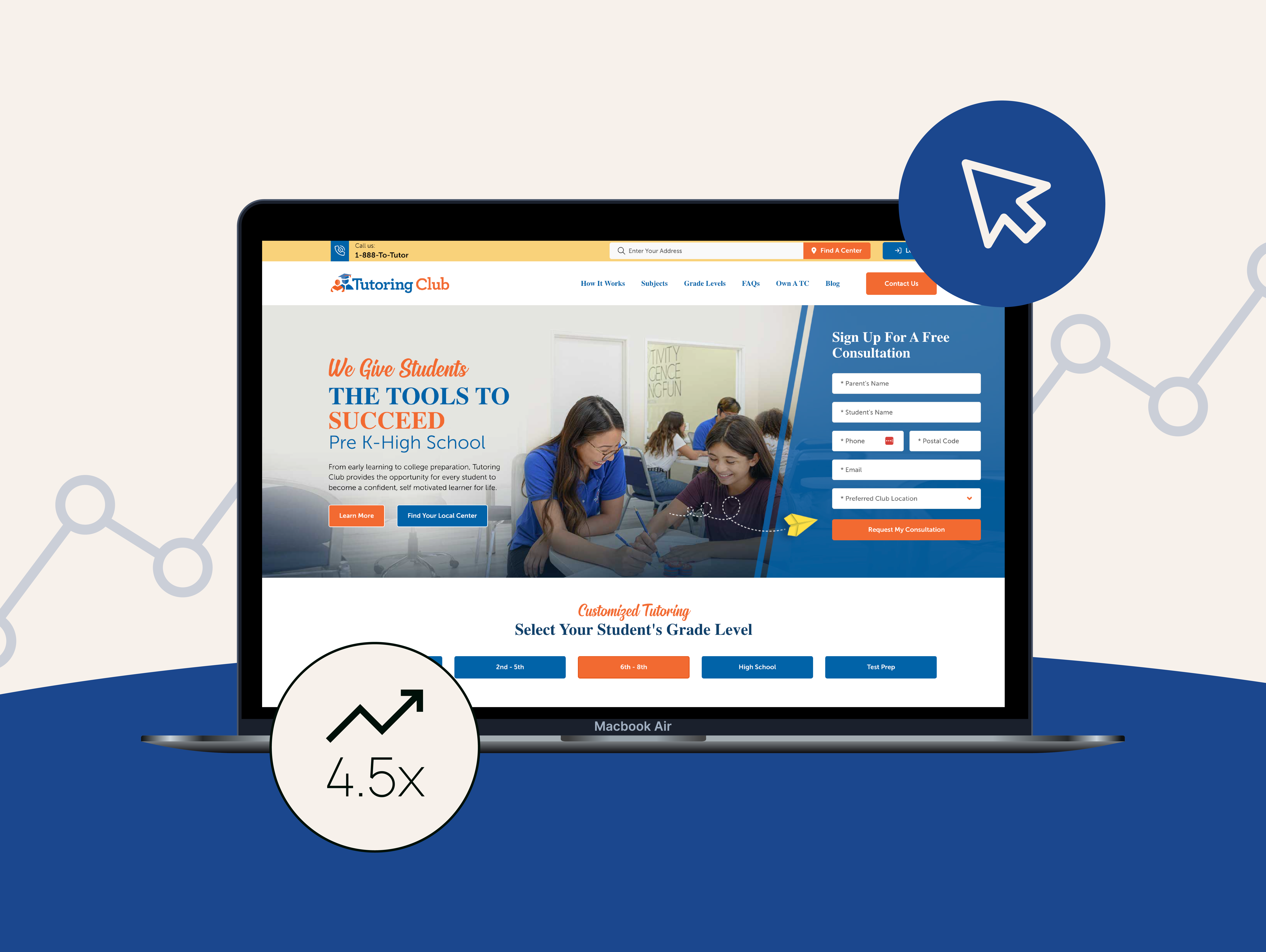 Laptop mock‑up showing the Tutoring Club website, overlaid with a cursor icon and “4.5×” upward‑trend graphic, highlighting the 4.5‑times conversion‑rate boost achieved through Vaulted’s data‑driven digital marketing campaign.