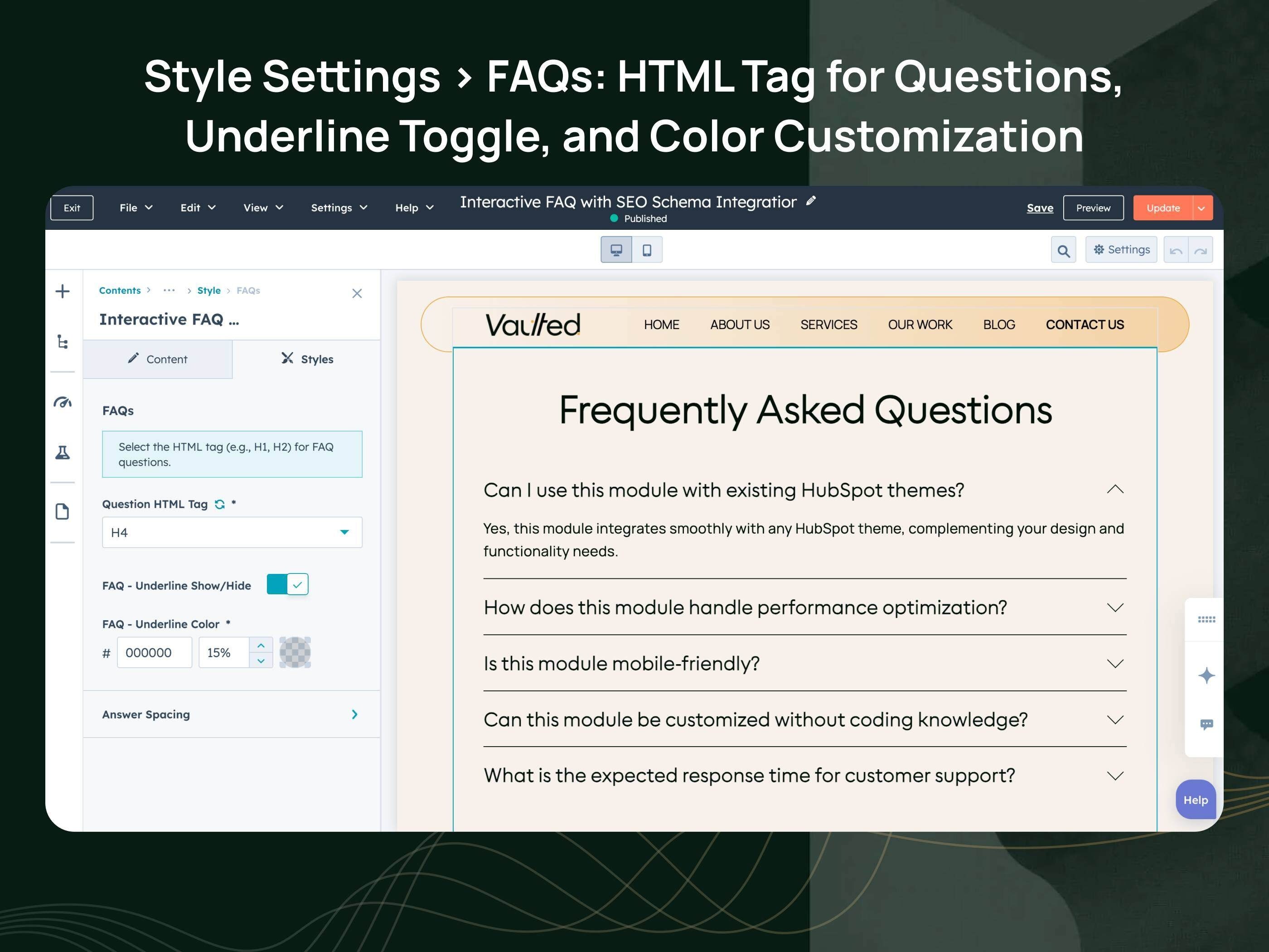 FAQ Question Styling with Tag, Underline, and Spacing Options